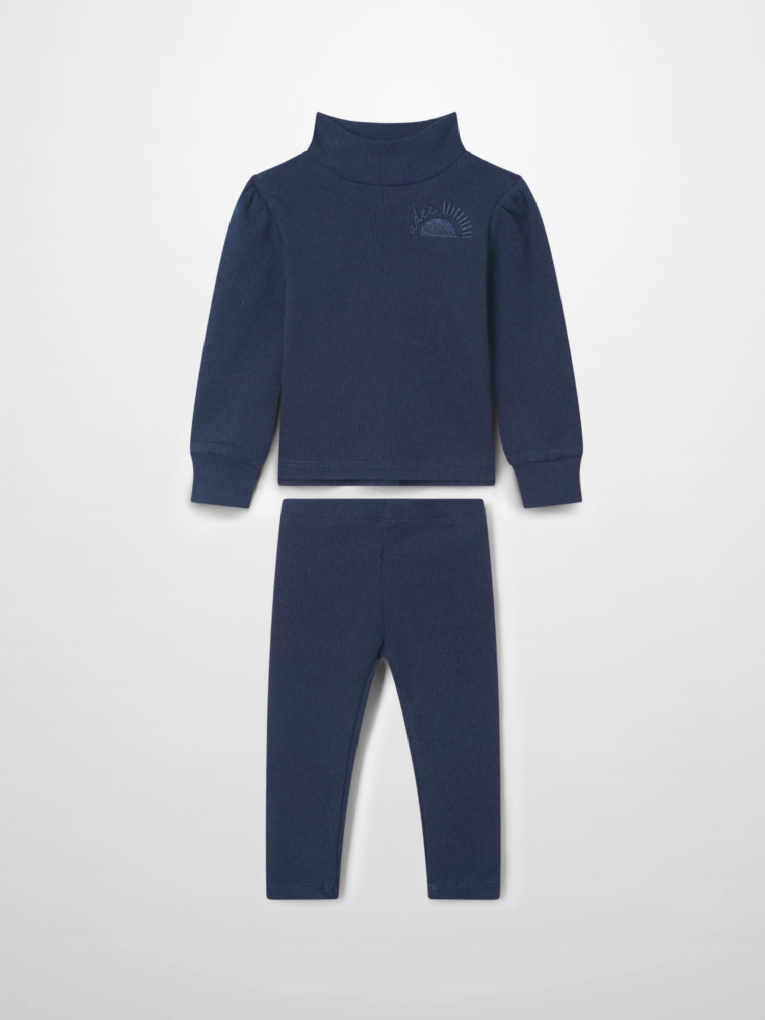 Ribbed Legging Set Puff Sleeves - Navy