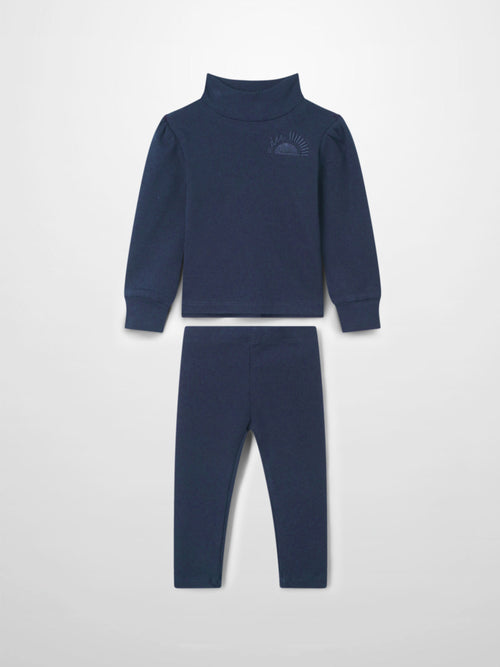 Ribbed Legging Set Puff Sleeves - Navy by Adee; 2-piece little girls navy knit outfit with matching top and leggings