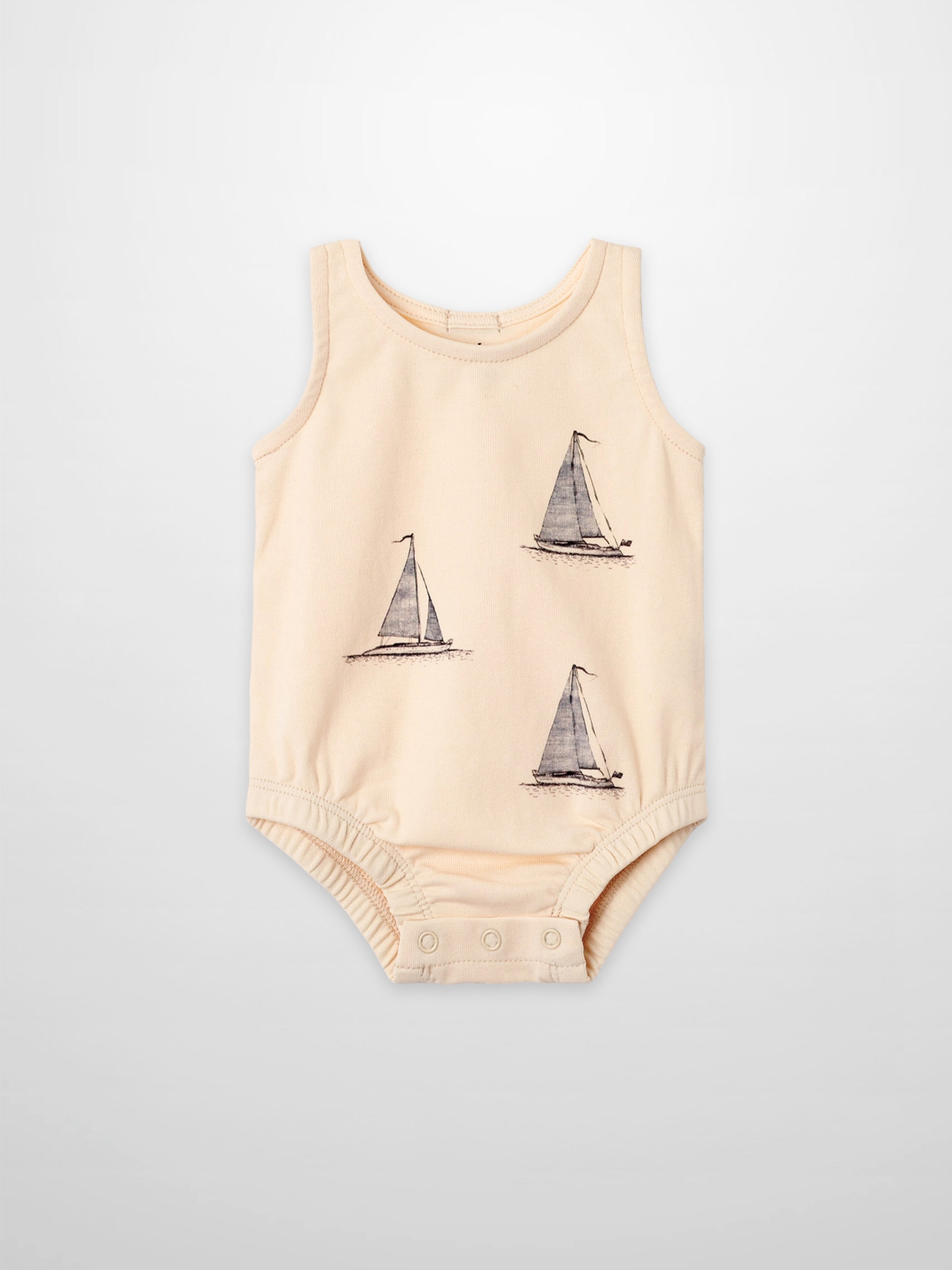 Sail Boat Romper for boys in peach with navy sailboat prints