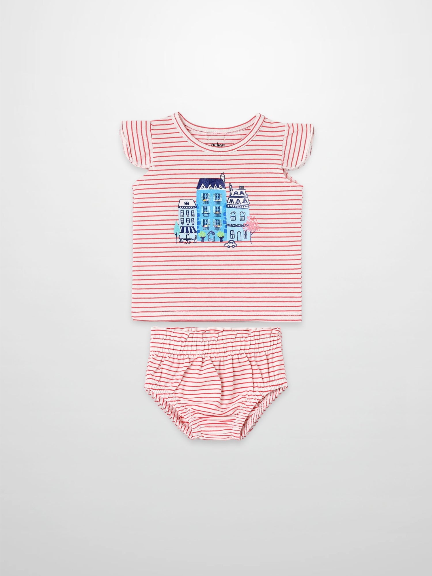 Little Paris Bloomers &amp; Tank Set by Adee; red striped two-piece girls’ outfit with city print