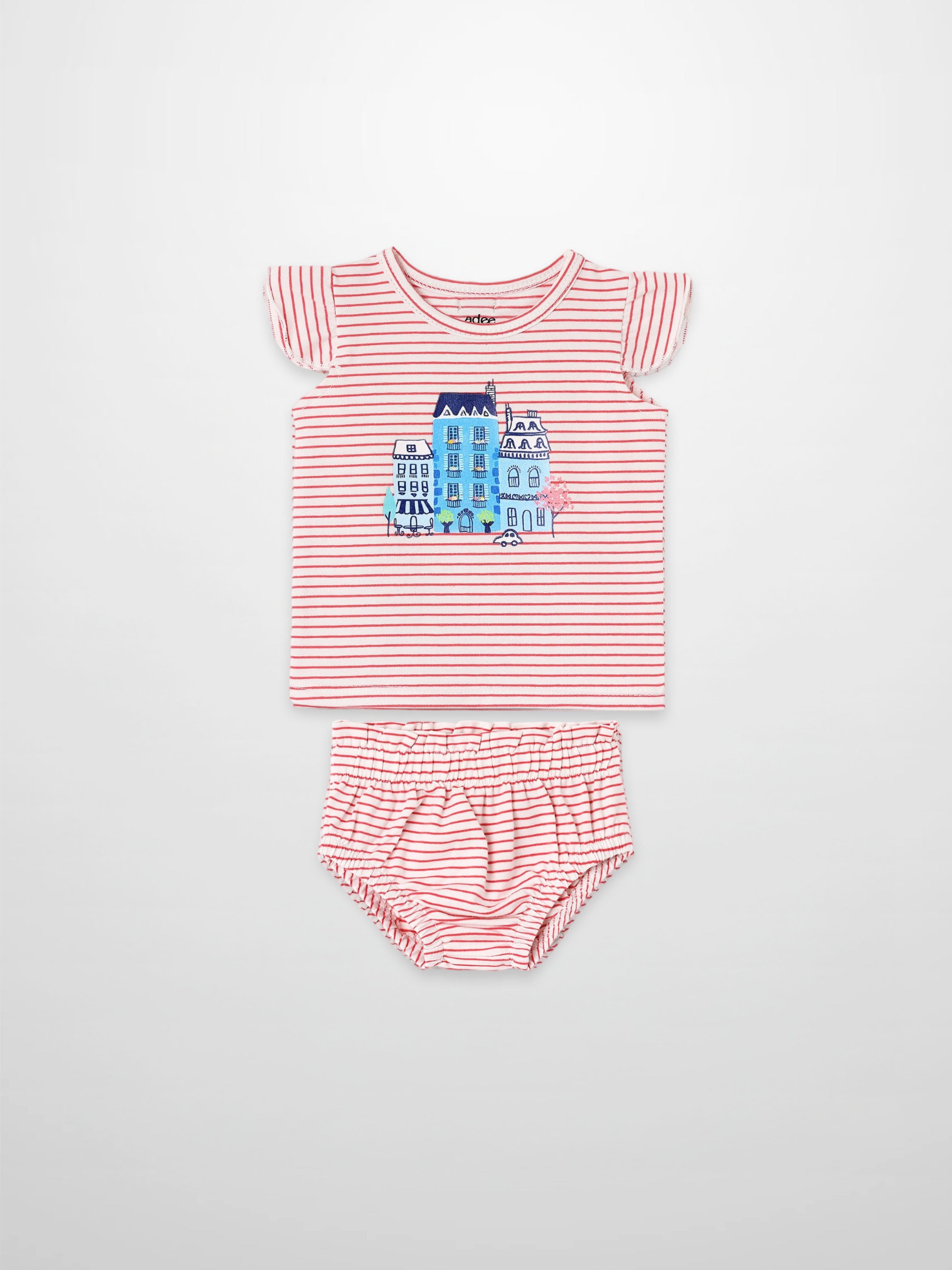 Little Paris Bloomers &amp; Tank Set by Adee; red striped two-piece girls’ outfit with city print