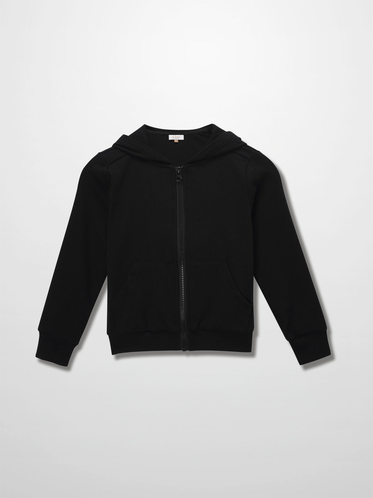 Black thin ribbed zip-up hoodie sweatshirt with hood and front kangaroo pockets for kids&
