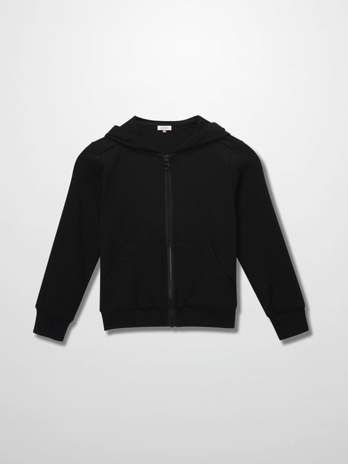 Black thin ribbed zip-up hoodie sweatshirt with hood and front kangaroo pockets for kids&