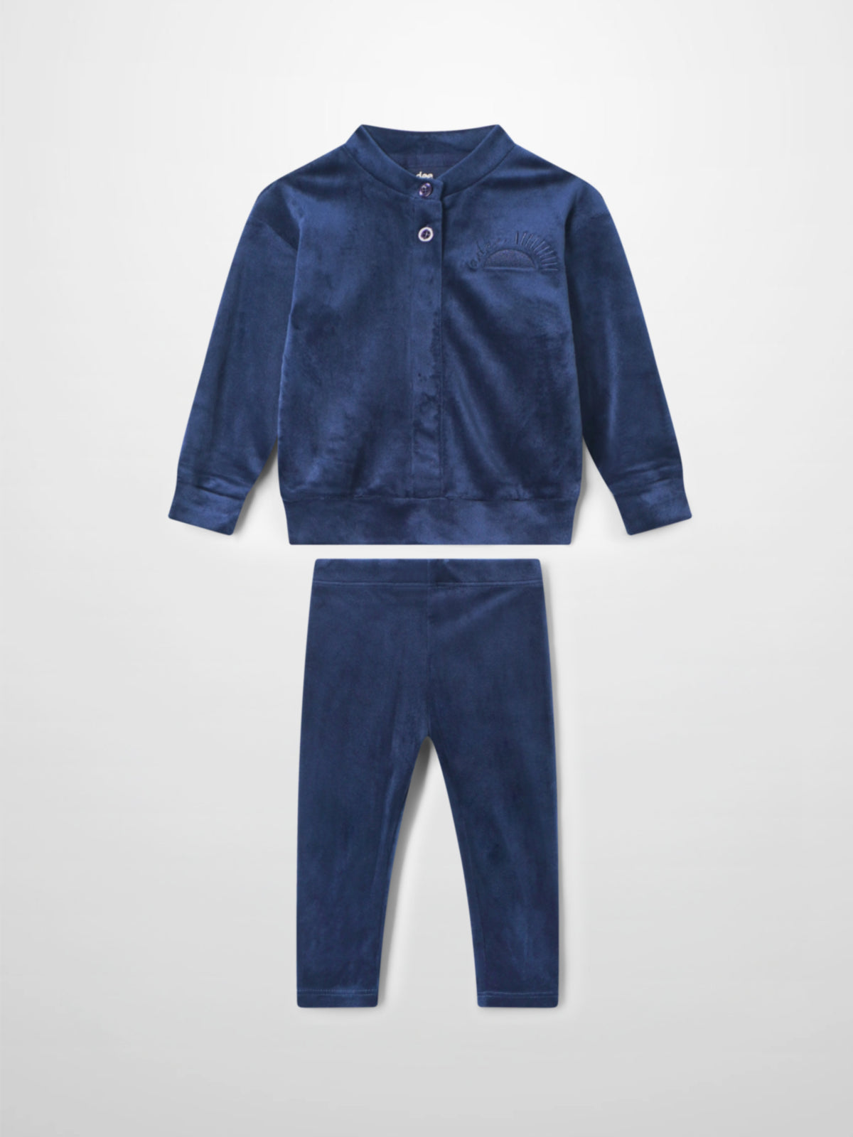 Plush navy velour bomber set for kids with two-button neck, embroidered crest, and matching pants.