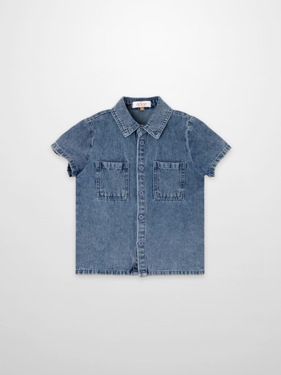 Blue denim button-down shirt for boys by Adee with two front pockets