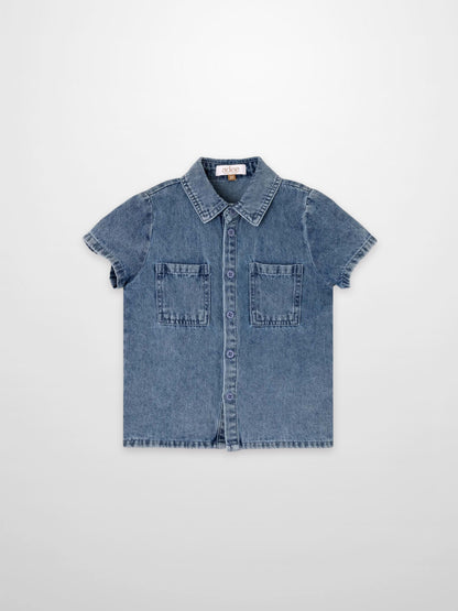 Blue denim button-down shirt for boys by Adee with two front pockets