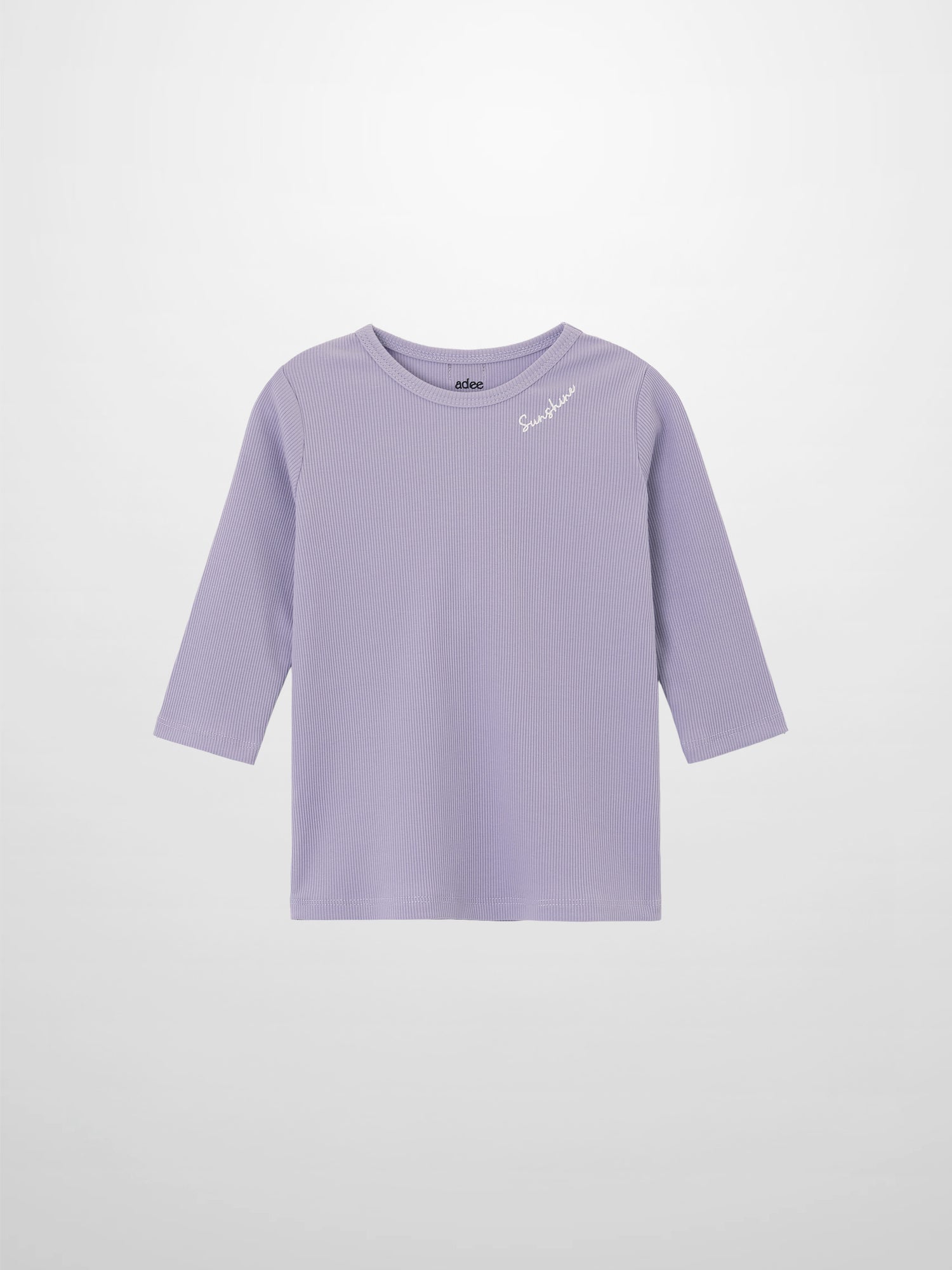 Lavender ribbed 3/4 sleeve T-shirt with a small white cursive logo on the chest.
