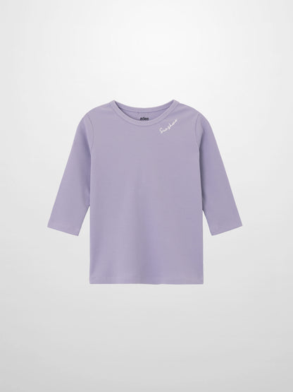 Lavender ribbed 3/4 sleeve T-shirt with a small white cursive logo on the chest.