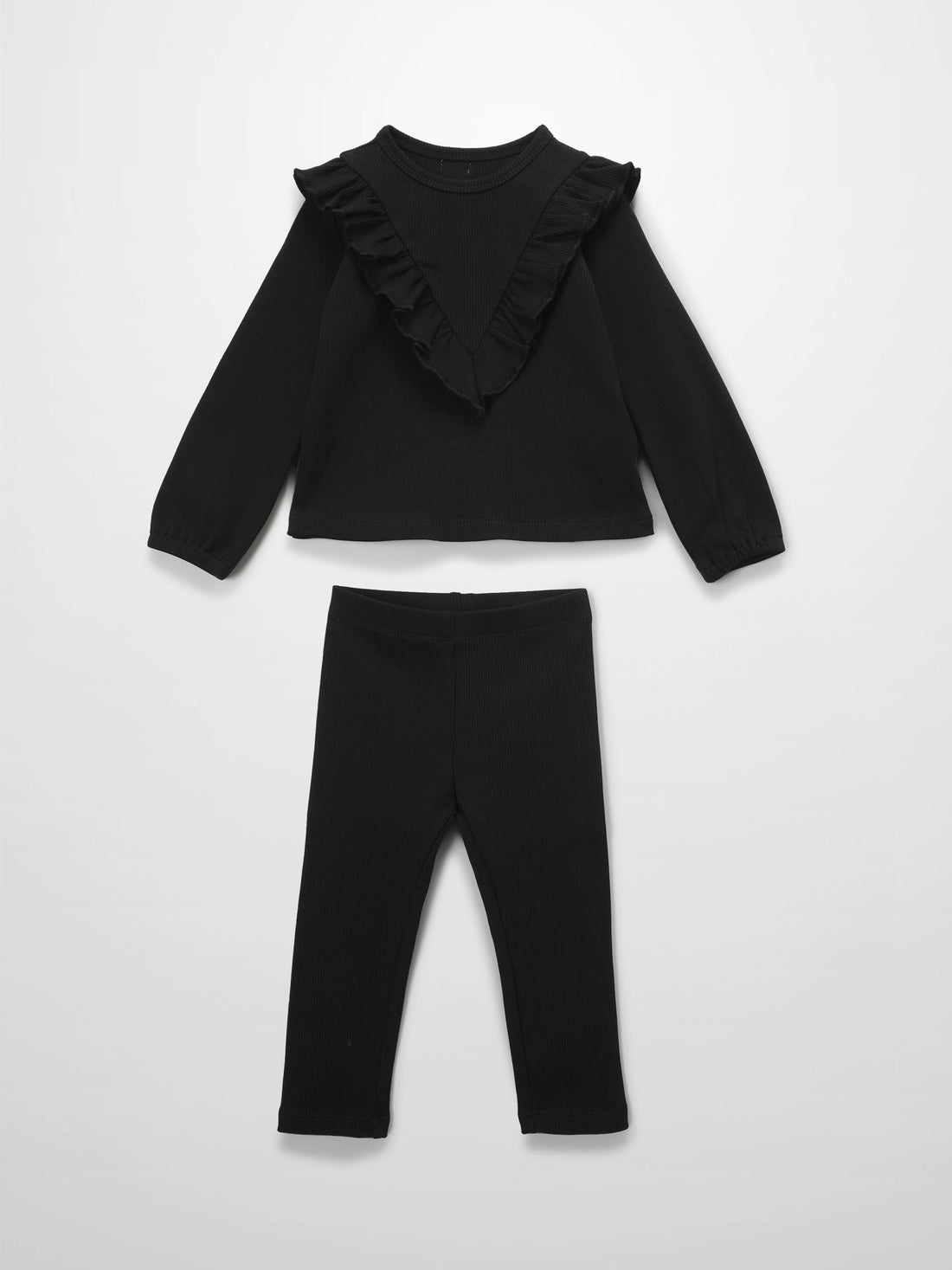 Ruffle Thin Ribbed Pajama - Black