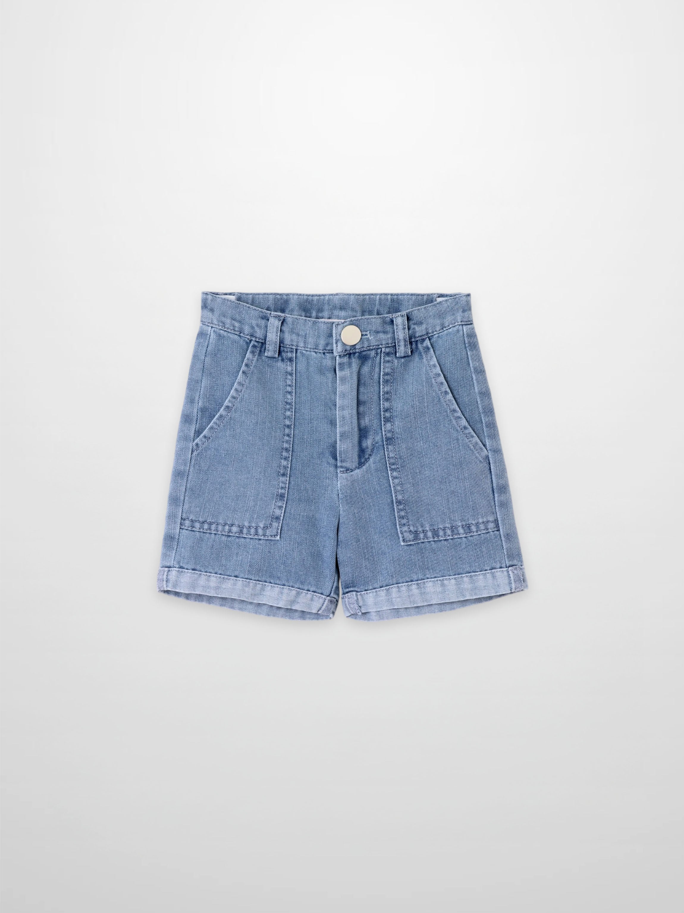 Cuffed denim shorts for boys in light blue with front pockets and rolled cuffs.