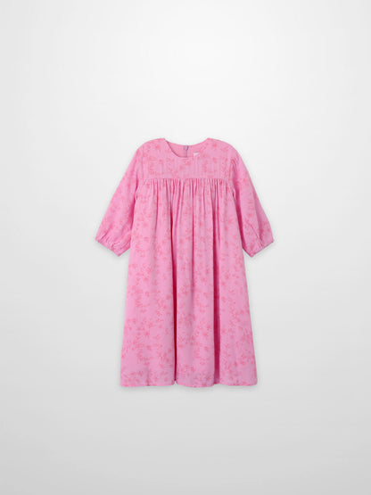 Pink floral dress for girls with a gathered waist, dressy style