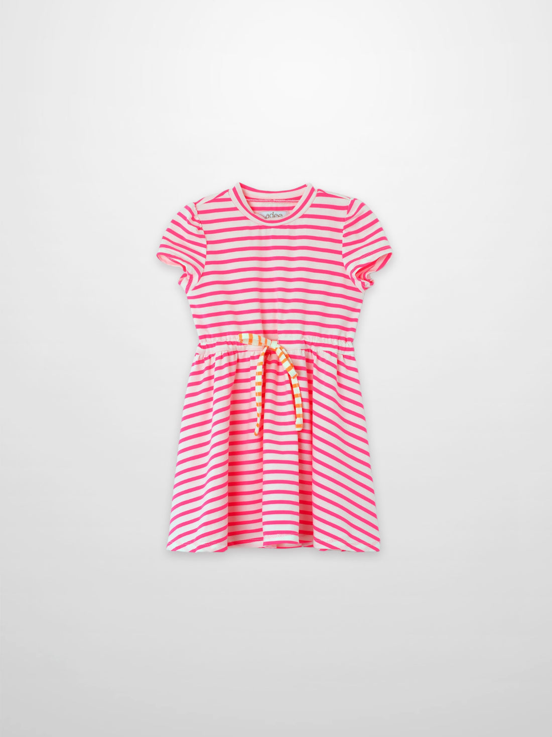 Adee girls dress in neon pink and white stripes with short sleeves and a yellow-striped belt.