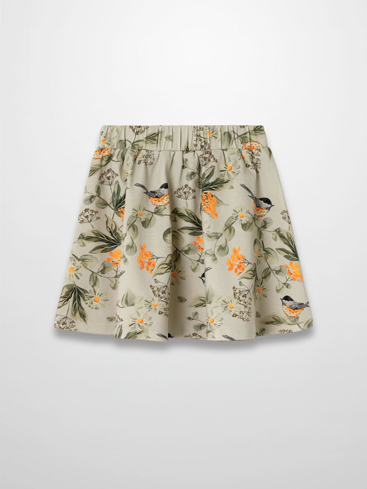 Garden Finch Circle Skirt for girls by Adee; beige floral bird print with orange accents and elastic waistband.