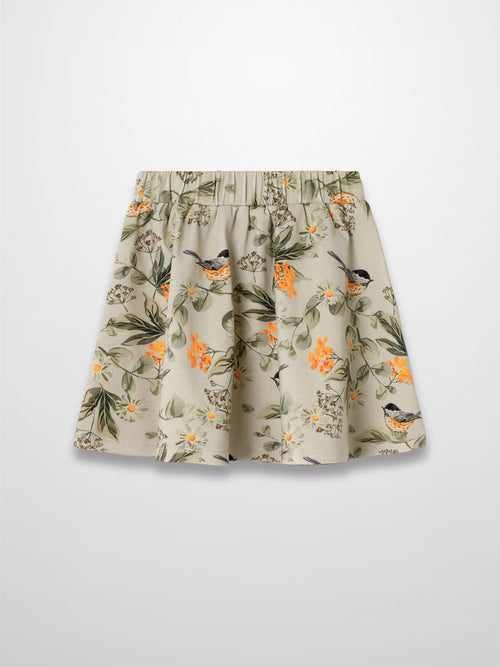 Garden Finch Circle Skirt for girls by Adee; beige floral bird print with orange accents and elastic waistband.