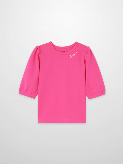 3/4 sleeve bubble T-shirt in pink for girls by Adee with white Sunshine script.