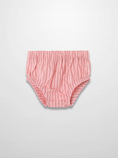 Pink striped cotton bloomers with elastic waistband and leg openings.