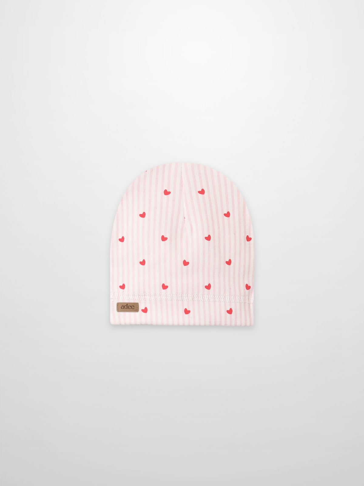 Pink Heart Hat for girls by Adee, pink striped beanie with red hearts, folded cuff and visible brown Adee tag.