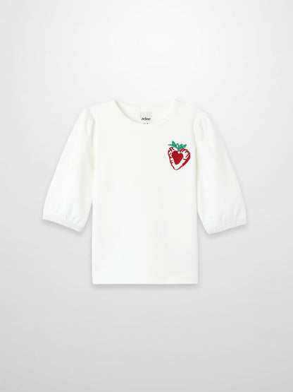 Embroidered Strawberry 3/4 Puff Sleeve T-shirt