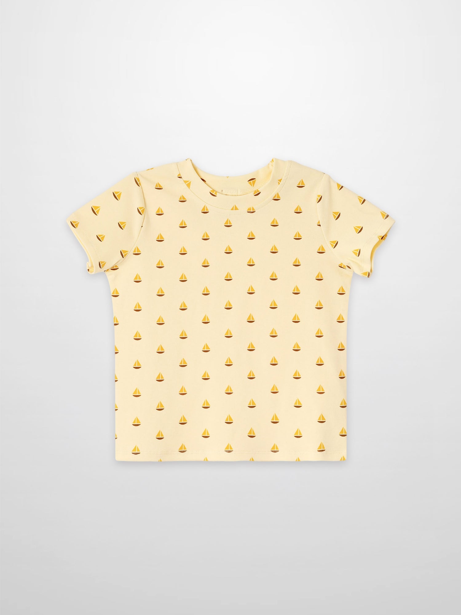Boat Print T-Shirt for boys by Adee, pale yellow with small orange boat icons.
