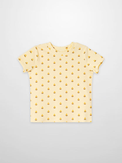 Boat Print T-Shirt for boys by Adee, pale yellow with small orange boat icons.