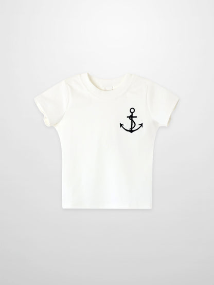 Embroidered Anchor Boxy Short Sleeve T-Shirt for boys by Adee, white with black anchor embroidery