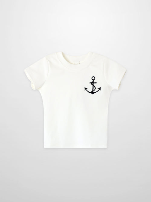 Embroidered Anchor Boxy Short Sleeve T-Shirt for boys by Adee, white with black anchor embroidery