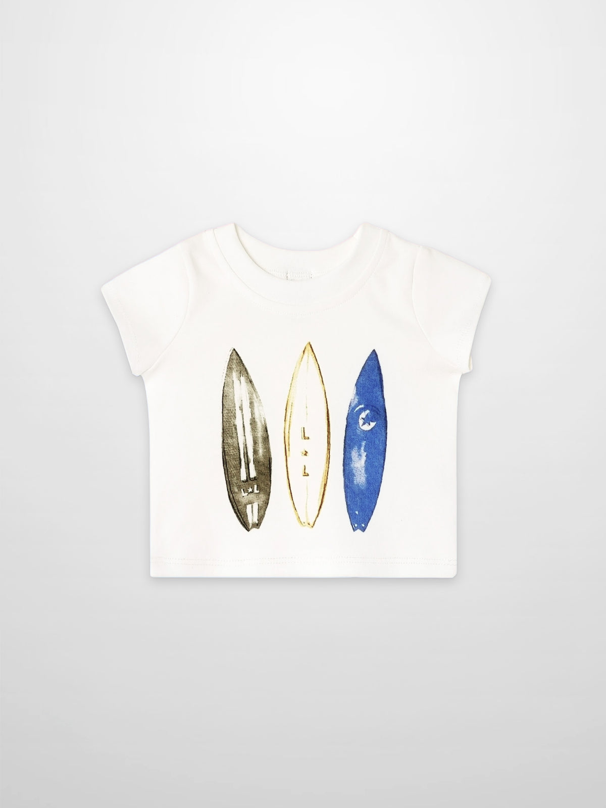 Surf Board T-shirt for boys, white cotton tee with three surfboard prints in black, beige and blue by Adee.