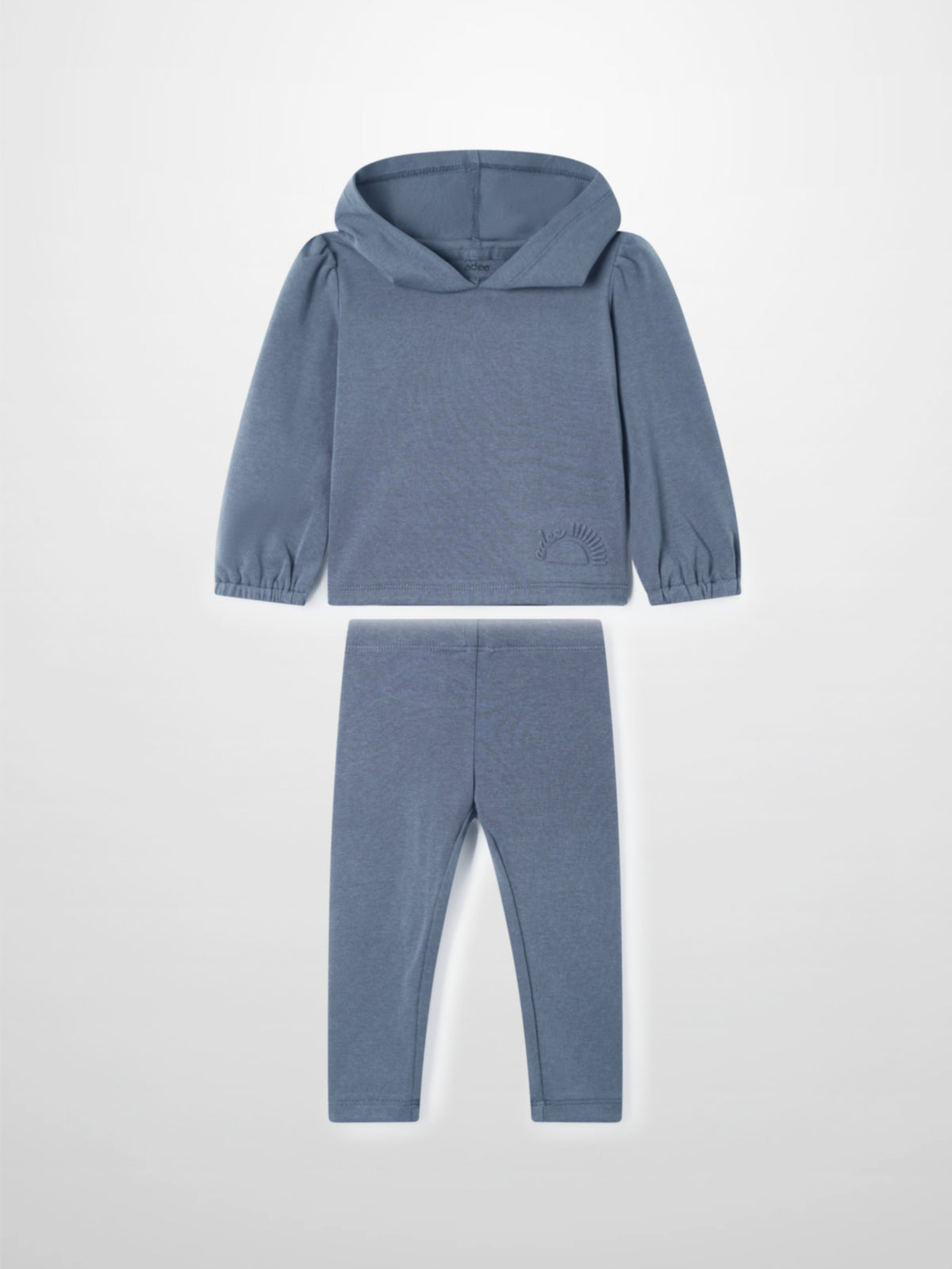 Blue cotton hoodie set for babies with a hooded sweatshirt and matching leggings.