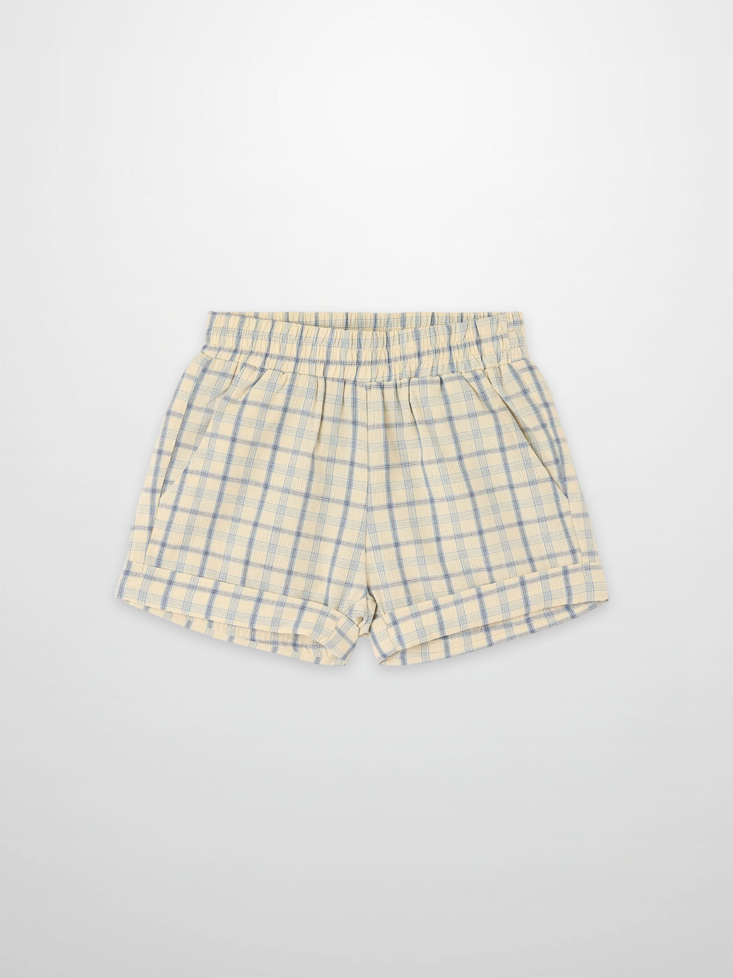 Plaid Shorts in pale yellow with blue checks, elastic waistband and side pockets.