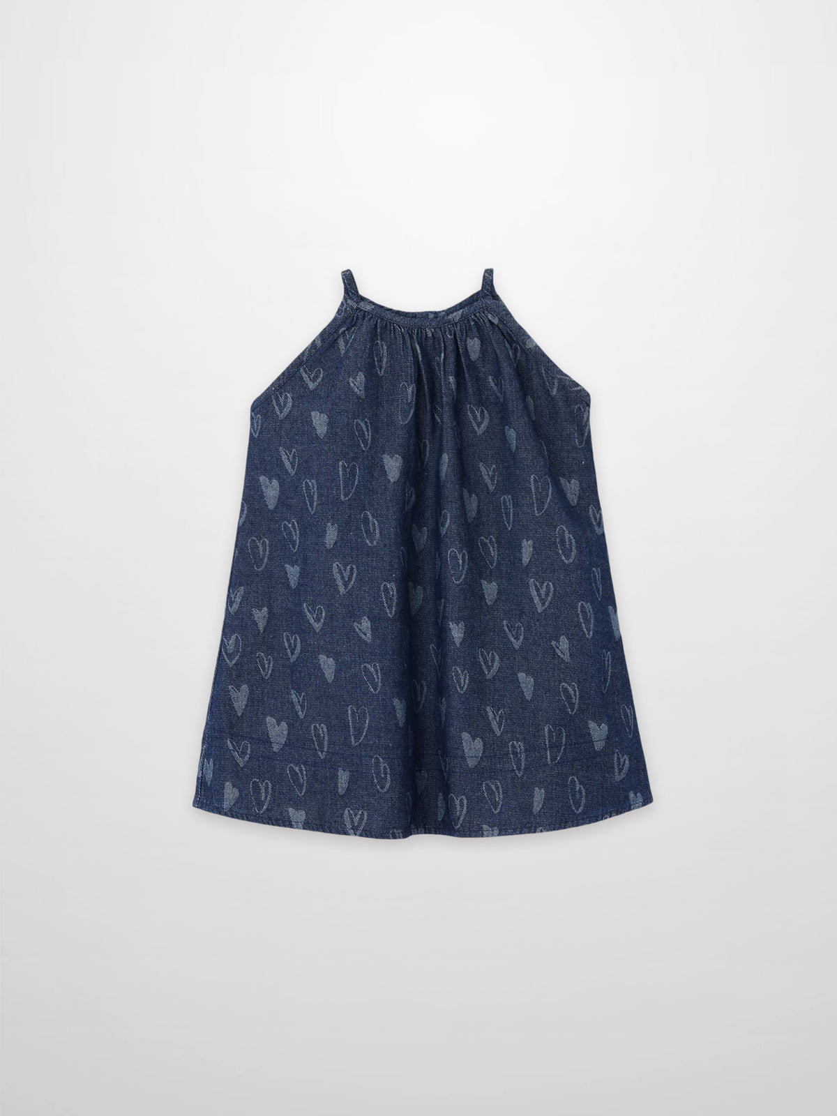 Adee denim heart jumper dress for girls, navy with heart print.