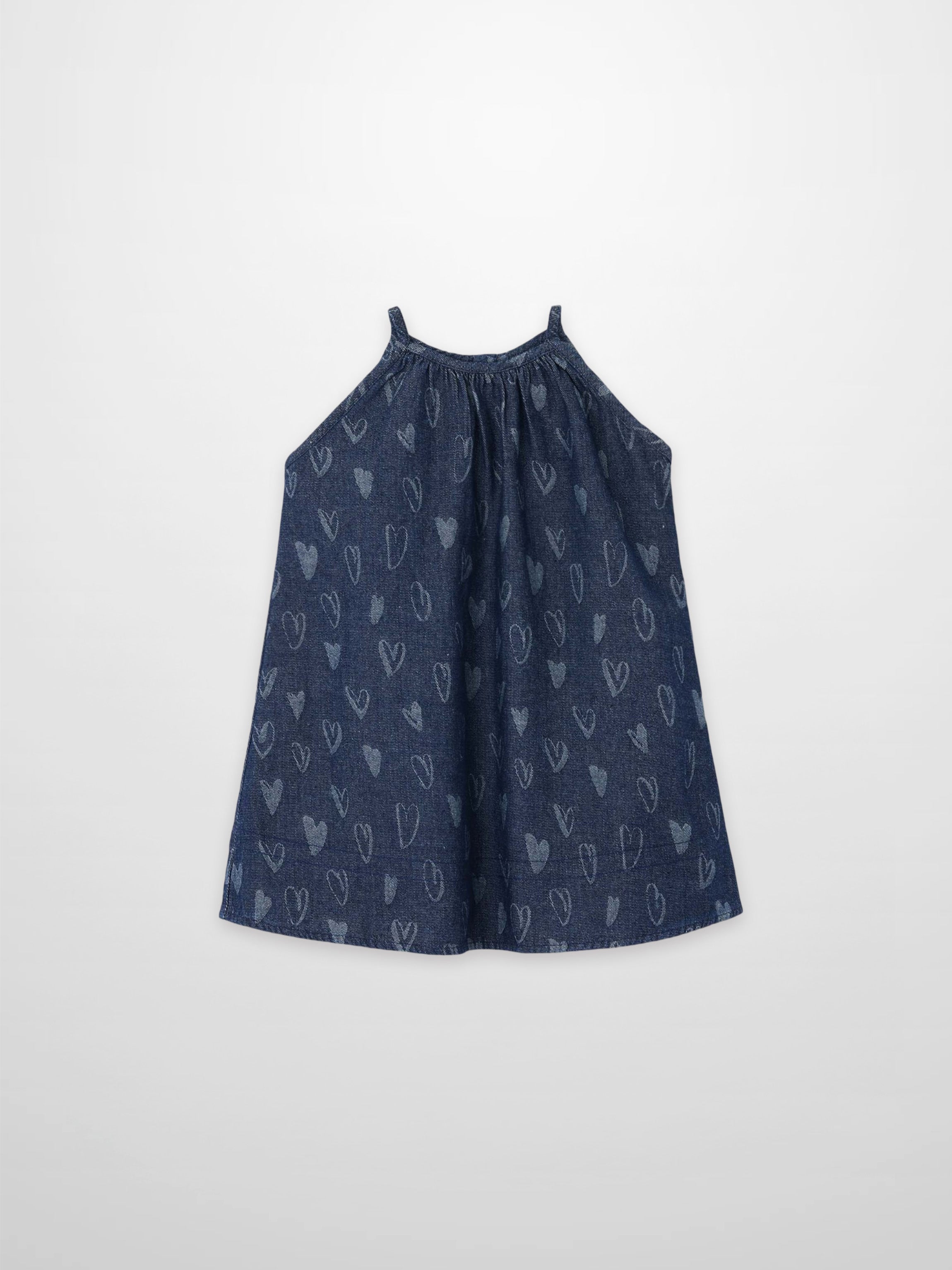 Adee denim heart jumper dress for girls, navy with heart print.
