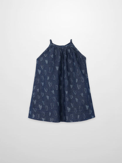 Adee denim heart jumper dress for girls, navy with heart print.