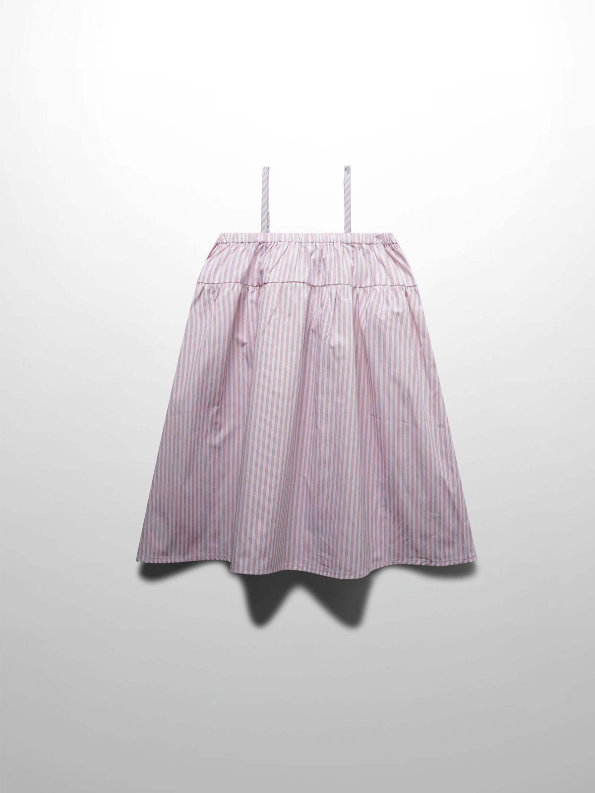Pink and white striped cotton jumper dress for girls with adjustable straps and a flared skirt.