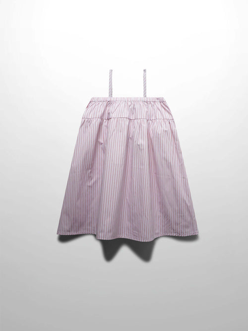 Pink and white striped cotton jumper dress for girls with adjustable straps and a flared skirt.