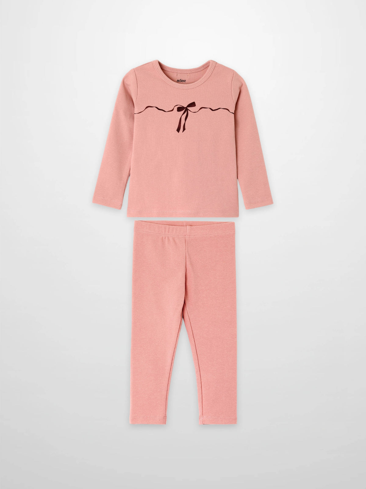 Bow Pajamas two-piece set for girls by Adee; pink long-sleeve top with a black bow and matching pants