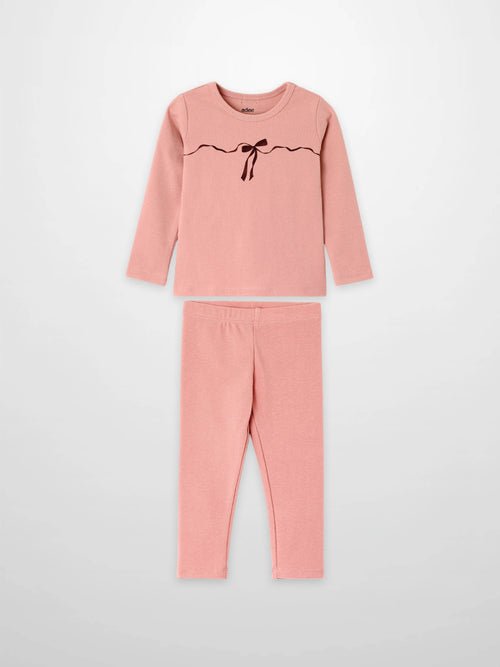 Bow Pajamas two-piece set for girls by Adee; pink long-sleeve top with a black bow and matching pants