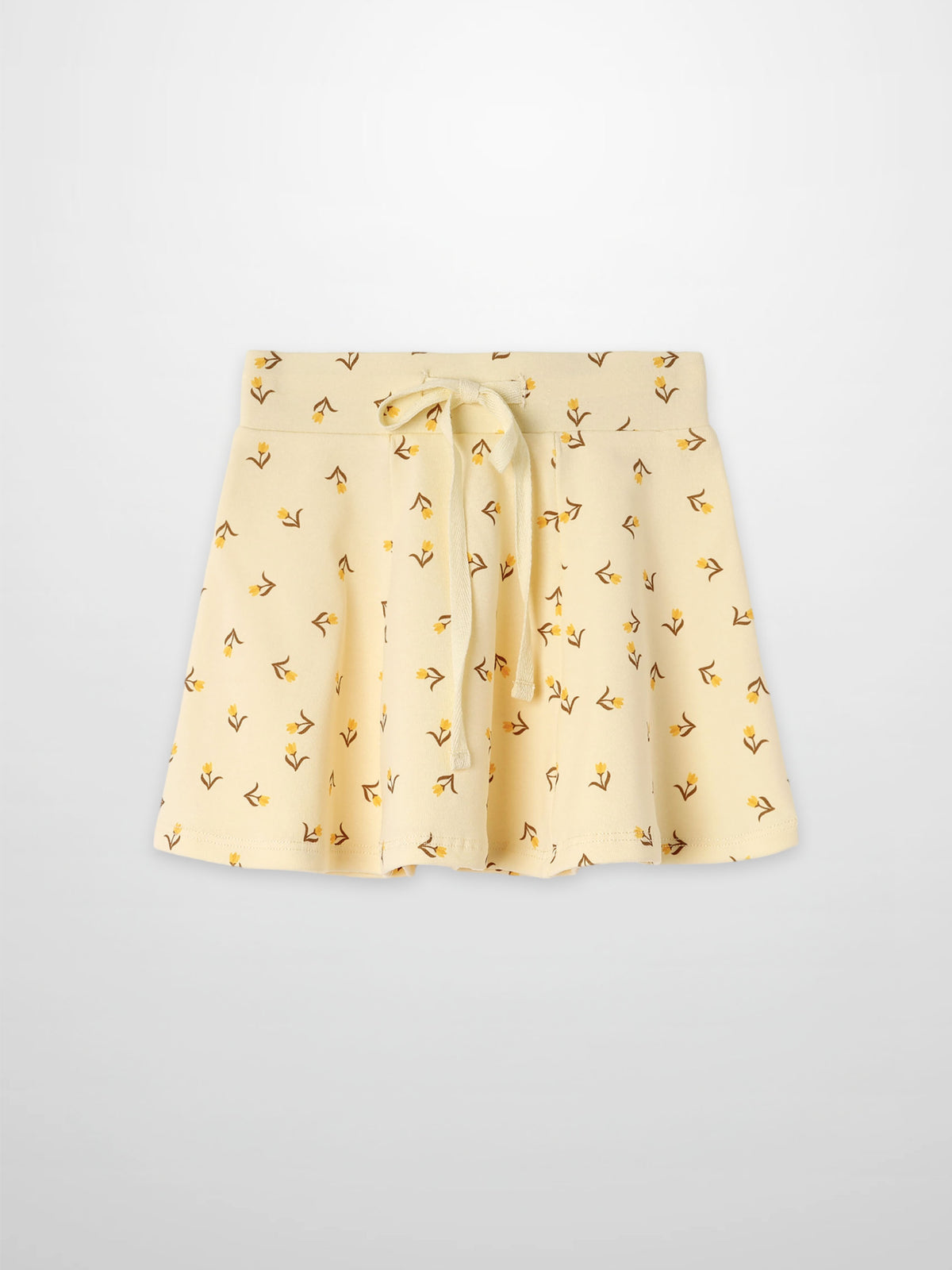 Butter Yellow Tulip 6-Panel Skirt for girls with a tulip-print pattern and drawstring waist