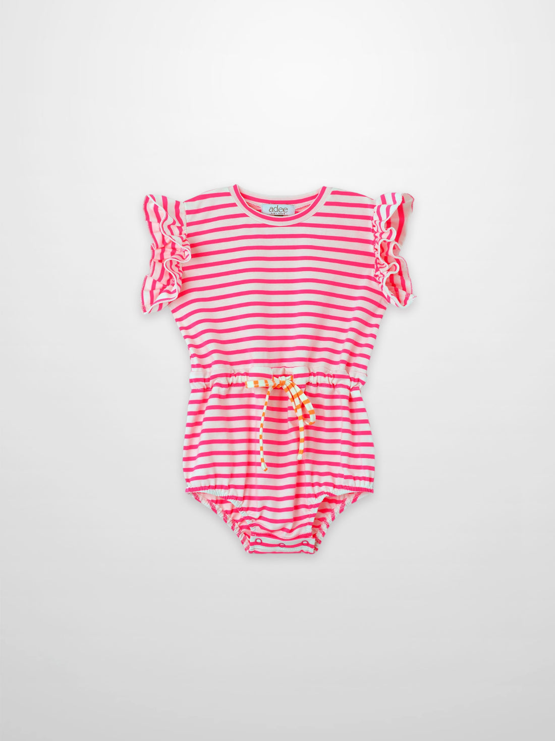Neon pink striped girls romper by Adee with ruffle sleeves and drawstring waist