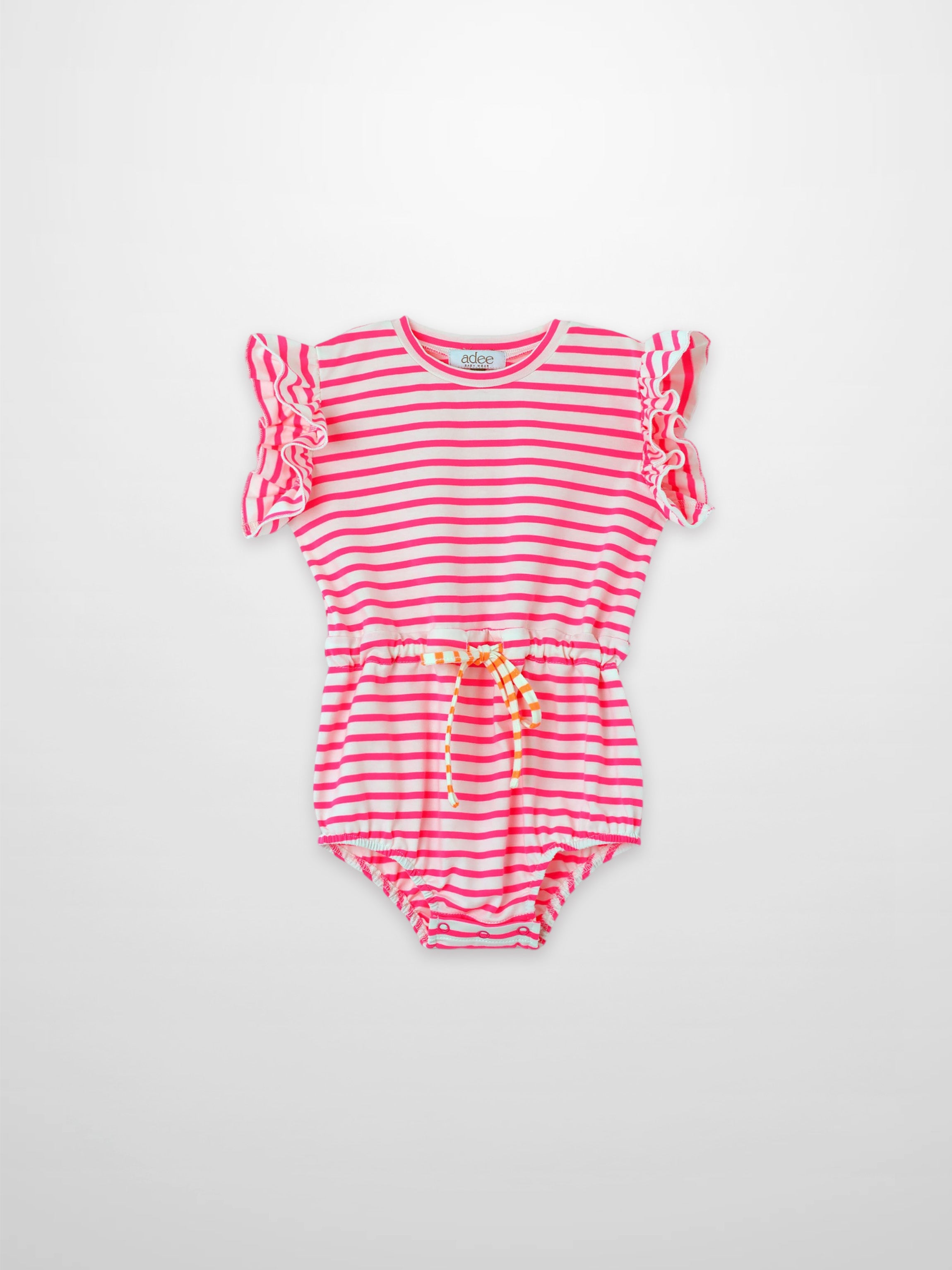 Neon pink striped girls romper by Adee with ruffle sleeves and drawstring waist