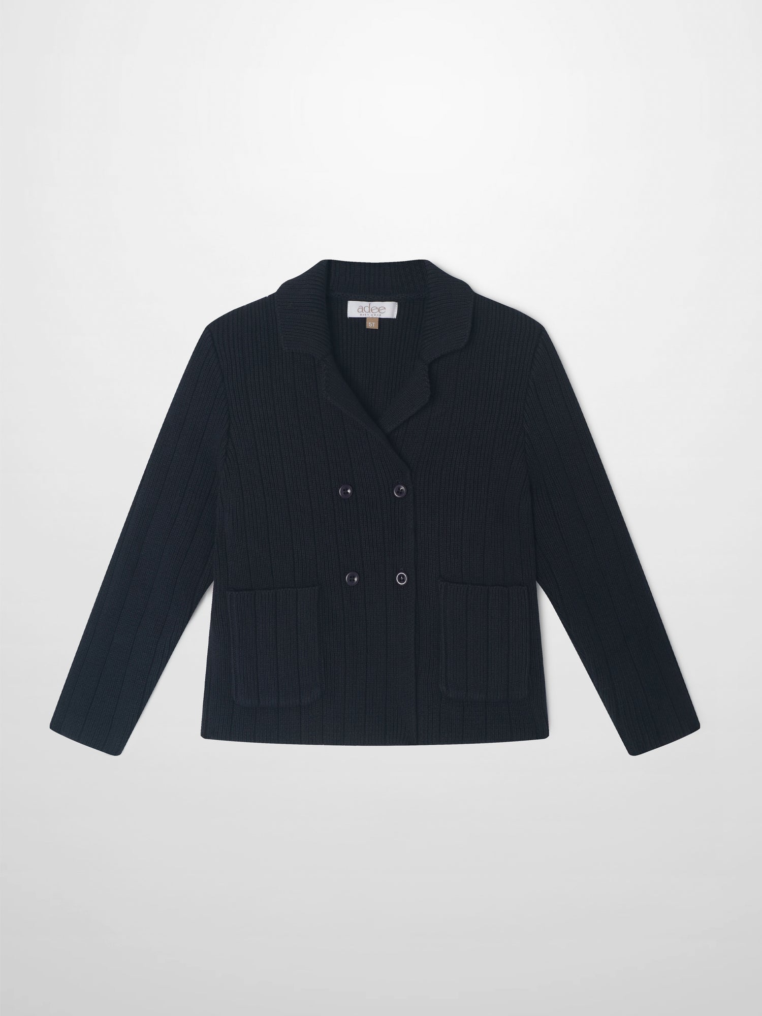 Knit blazer navy, boys dressy top by Adee, double-breasted with front pockets.