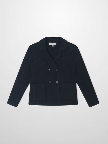 Knit blazer navy, boys dressy top by Adee, double-breasted with front pockets.