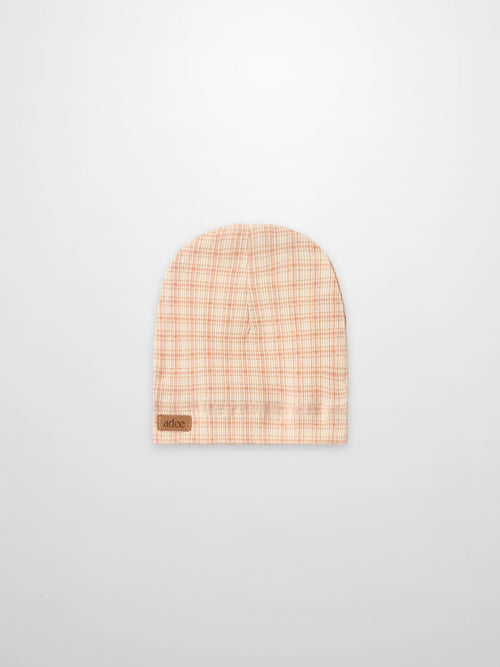 Oatmeal Grid Hat for girls by Adee, pink beige plaid fabric