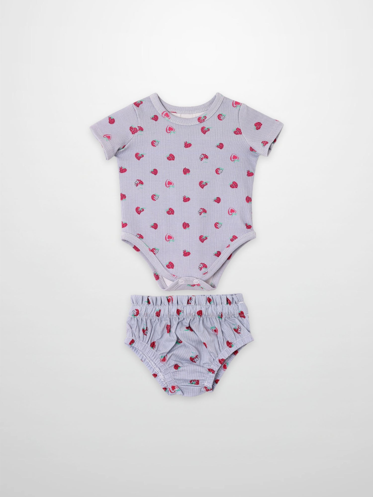Adee Strawberry Bloomers Set for little girls, lavender ribbed bodysuit with strawberry print and matching bloomers.