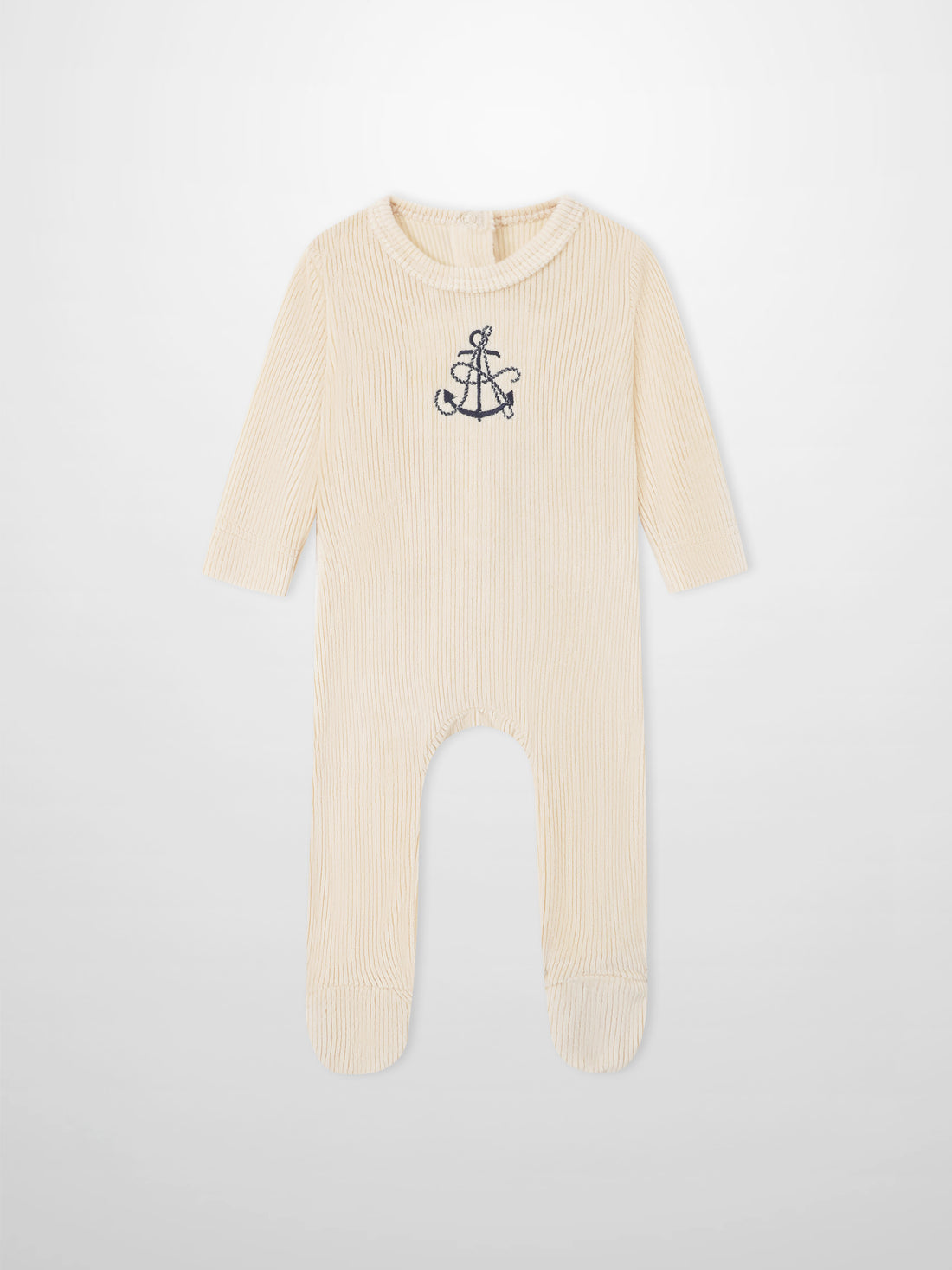 Embroidered Anchor Stretchy baby romper, beige ribbed knit by Adee