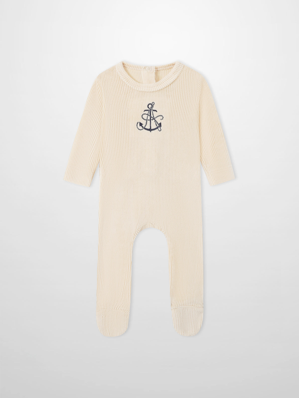 Embroidered Anchor Stretchy baby romper, beige ribbed knit by Adee
