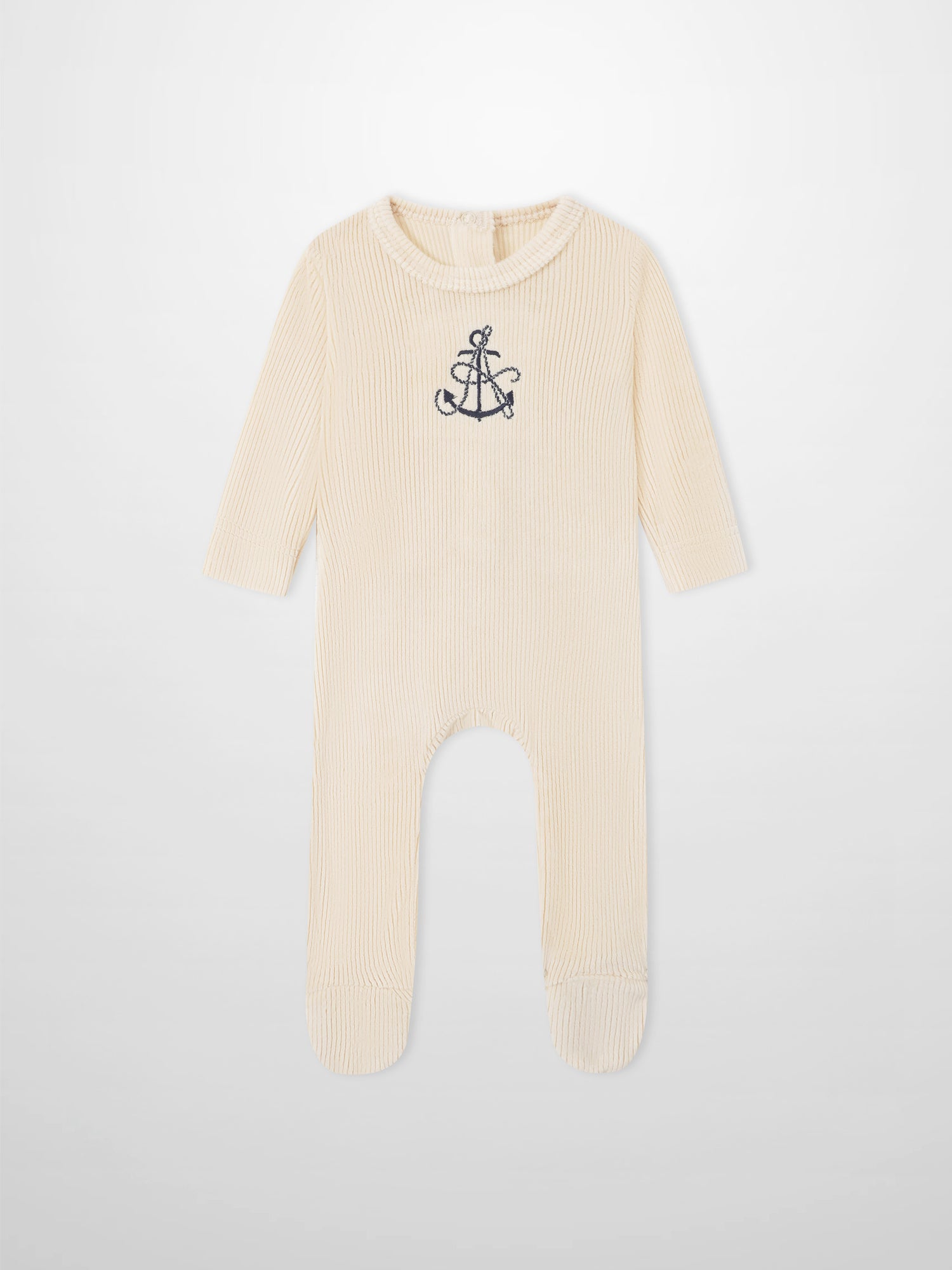 Embroidered Anchor Stretchy baby romper, beige ribbed knit by Adee