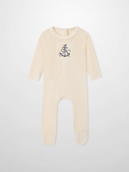 Embroidered Anchor Stretchy baby romper, beige ribbed knit by Adee