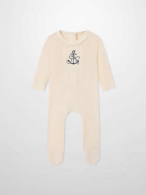 Embroidered Anchor Stretchy baby romper, beige ribbed knit by Adee