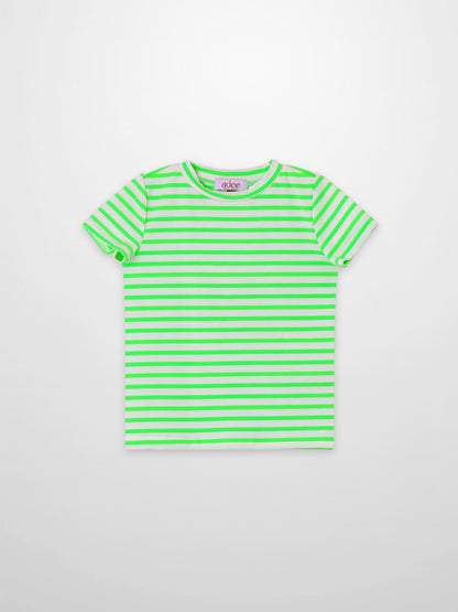 Boxy T-shirt with neon green and white stripes, boys’ short-sleeve, by Adee