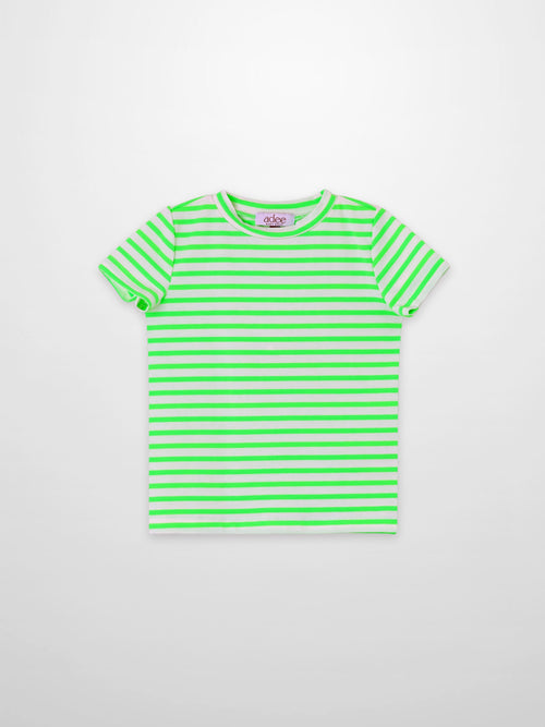 Boxy T-shirt with neon green and white stripes, boys’ short-sleeve, by Adee